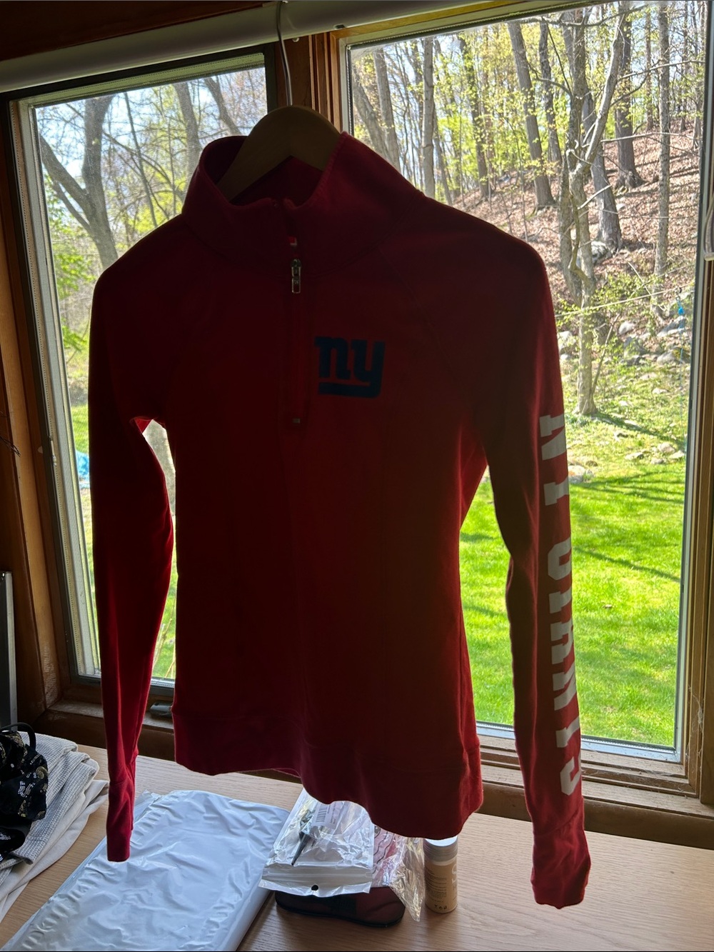 Victoria's Secret Red Half-Zip Pullover with Blue NY Logo